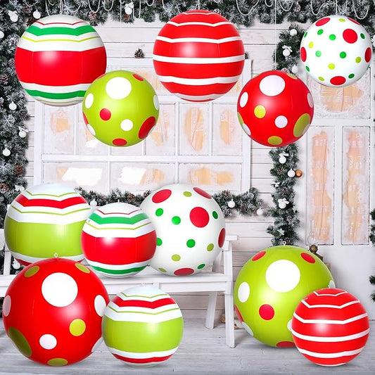 12 Pcs 24/16 Inch Giant Christmas Inflatable Ball Outdoor Blow up Xmas Inflatables Ornaments Giant PVC Christmas Ornaments for Tree Yards Lawns Porch Garden Front Doors Holiday Decor(24,16 Inch)