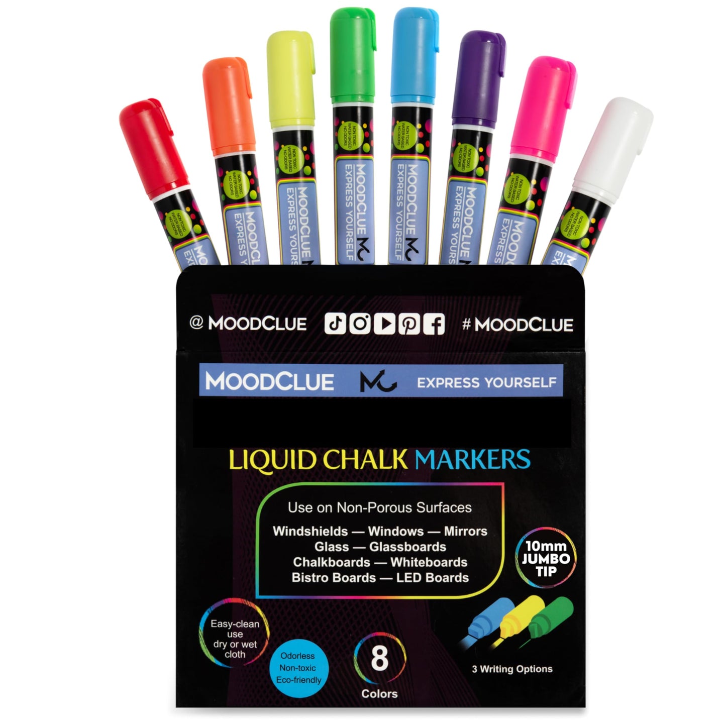 10mm JUMBO Tip Liquid Chalk Drawing Markers for Car Windows, Auto Windshields, Mirrors, White Boards, Retail + Restaurant Signs. Erasable Chalk Markers – Washable – Neon 8pck - 3 writing options