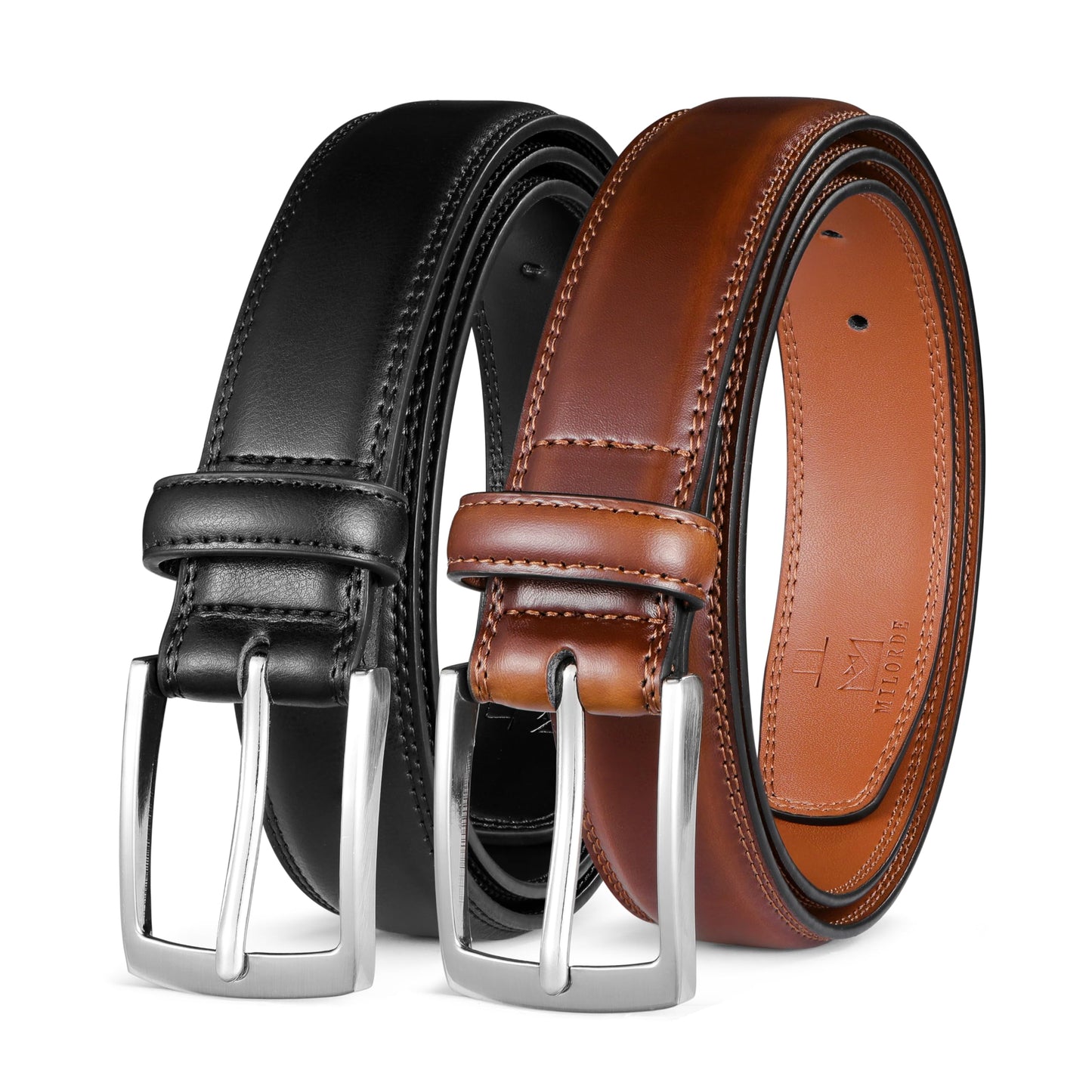 MILORDE Men's Leather Dress Belt 2Pack, Handmade, 100% Cow Leather, Fashion & Classic Designs for Work Business and Casual (2pack-Black101/Brown103,44)