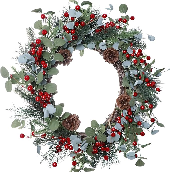 20 Inches Christmas Wreath Winter Wreaths Holiday Christmas Wreaths for Front Door Christmas Berry Wreath with Pine Needles Pine Cones Red Berries for Window Indoor Outdoor Winter Decorations