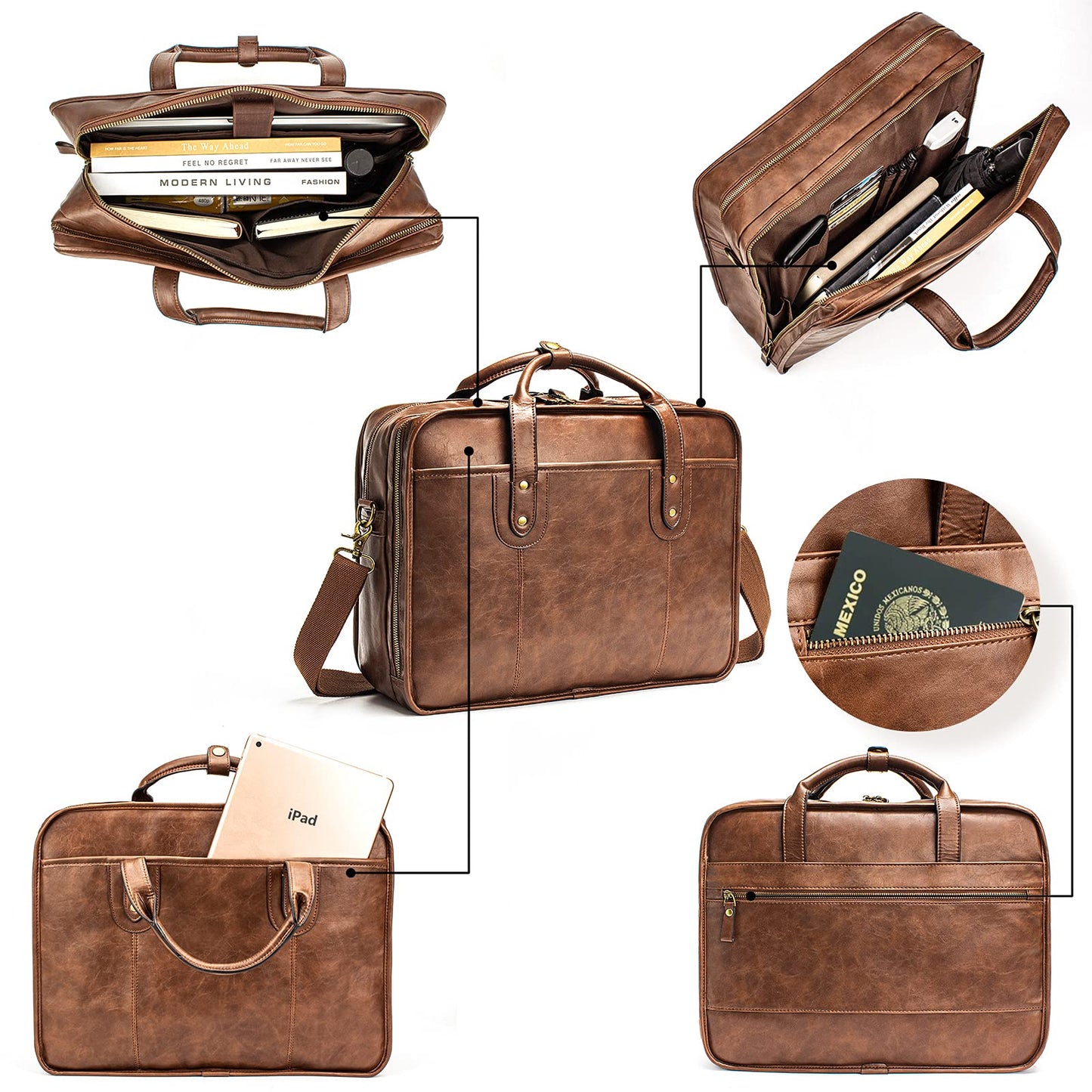Leather Briefcase for Men - 15.6 Inch Business Laptop Bag - Water Resistant Vintage Messenger Bag - Brown