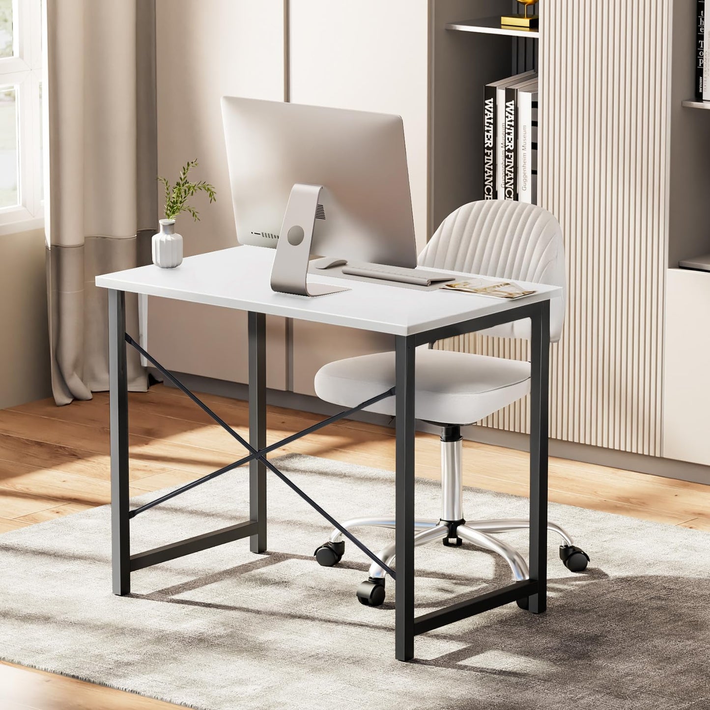 Sweetcrispy Computer Desk, Small Office 32 Inch Writing Work Study Student Teacher Home Bedroom Table with Metal Frame Wood Tabletop - White
