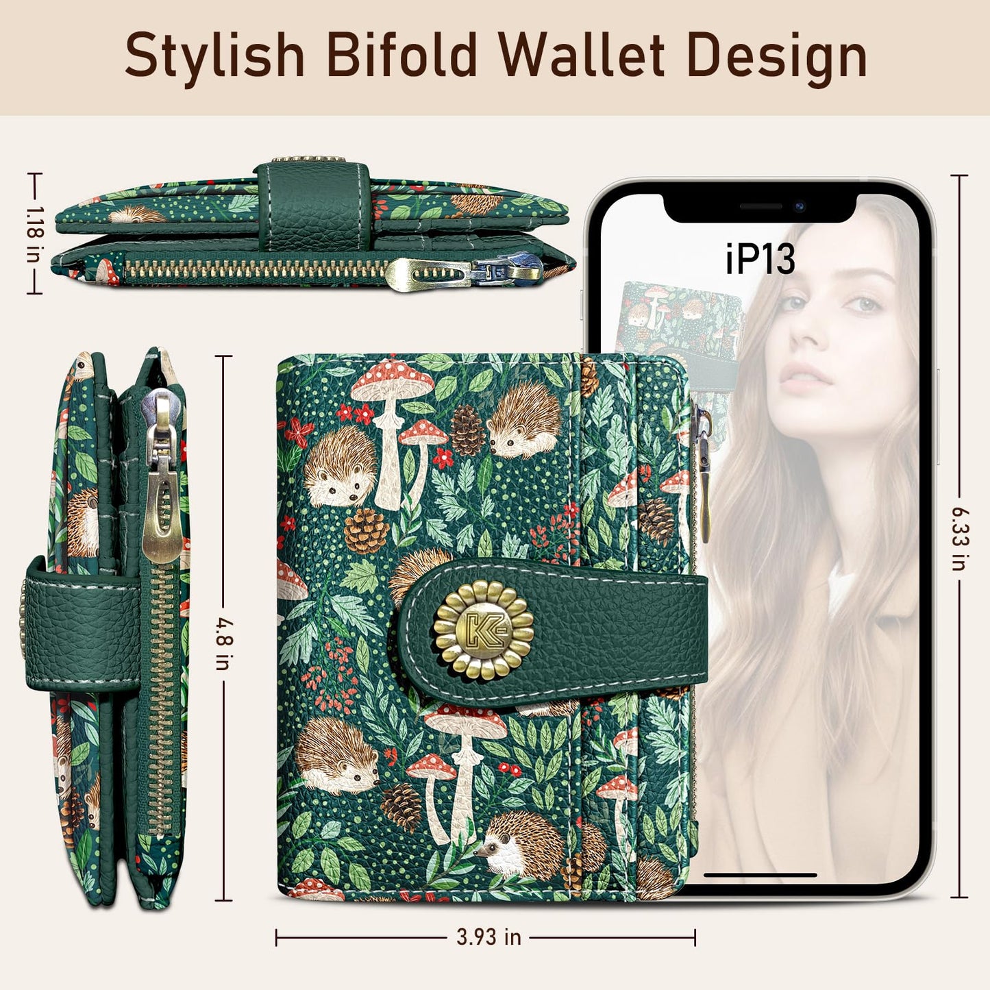 Kelvoris Cute Hedgehog Small Rfid Women Wallet Bifold Zipper Coin Pocket PU Leather Compact Cash Credit Card Holder Travel Wallet for Female Ladies Teen Girls 1 ID Window 10 Card Slots