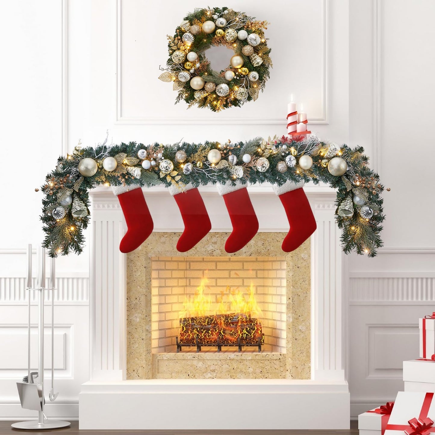FairyLee 6ft Battery Operated Christmas Garland with 20 LED Lights & Timer, Pre-Lit Artificial Garland for Mantle, Staircase, Table, Indoor Outdoor Xmas Holiday Decor,Gold