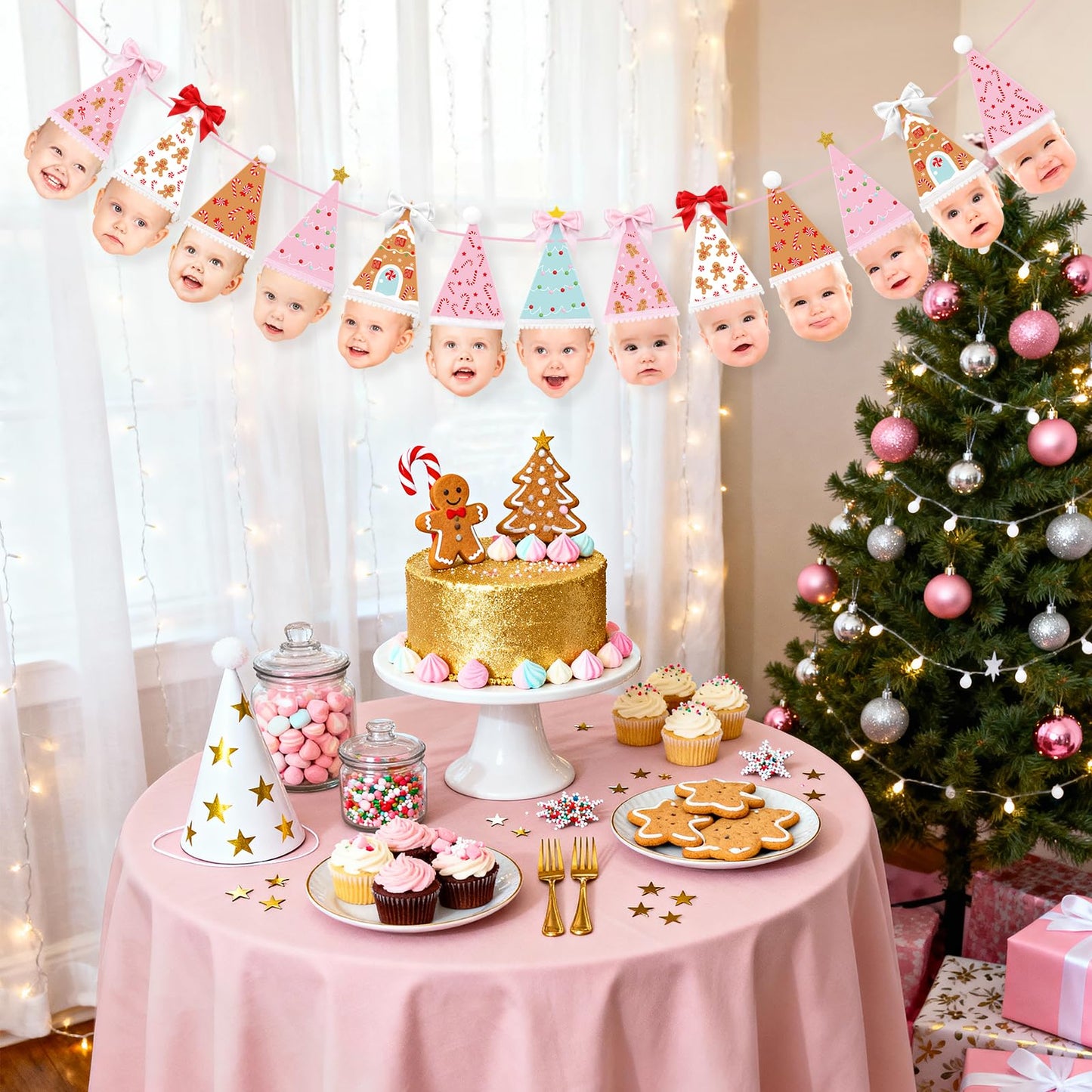 K KUMEED Custom Face Christmas Banner,Bow Birthday Photo Banner from Newborn to 12 Months Gingerbread Christmas Hat Theme Monthly Milestone Photograph Bunting Garland