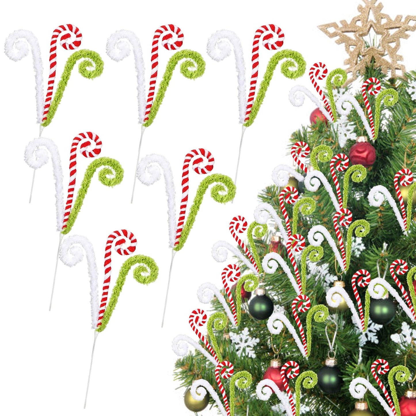 Christmas Tree Picks 6 Pcs Candy Cane Christmas Decorations 16" Xmas Tree Topper Elf Pick Red Green and White Woolen Curly Lollipop Pick Large Ornaments for Xmas Tree Filler, Wreath, Vase Home Decor