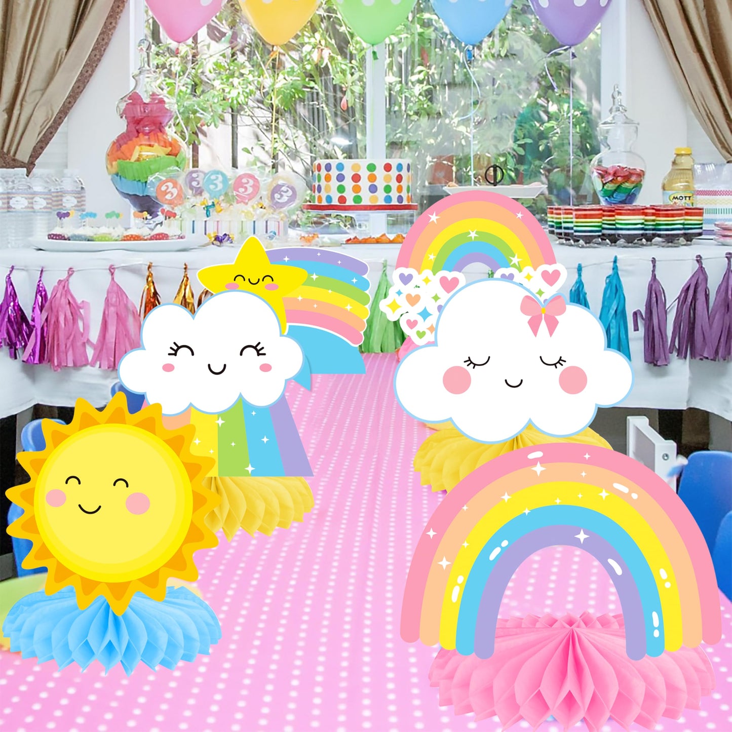 Rainbow Party Honeycomb Centerpieces Rainbow Birthday Party Decorations Cloud Sun Star Rainbow Theme Party Centerpiece Decoration for Rainbow Birthday Party Baby Shower Supplies