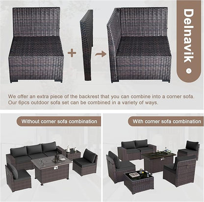 Kurapika 7 Pieces Patio Furniture Set, Rattan Outdoor Conversation Sets w/43in Propane Fire Pit Table and 4 Inch Cushion(Black)