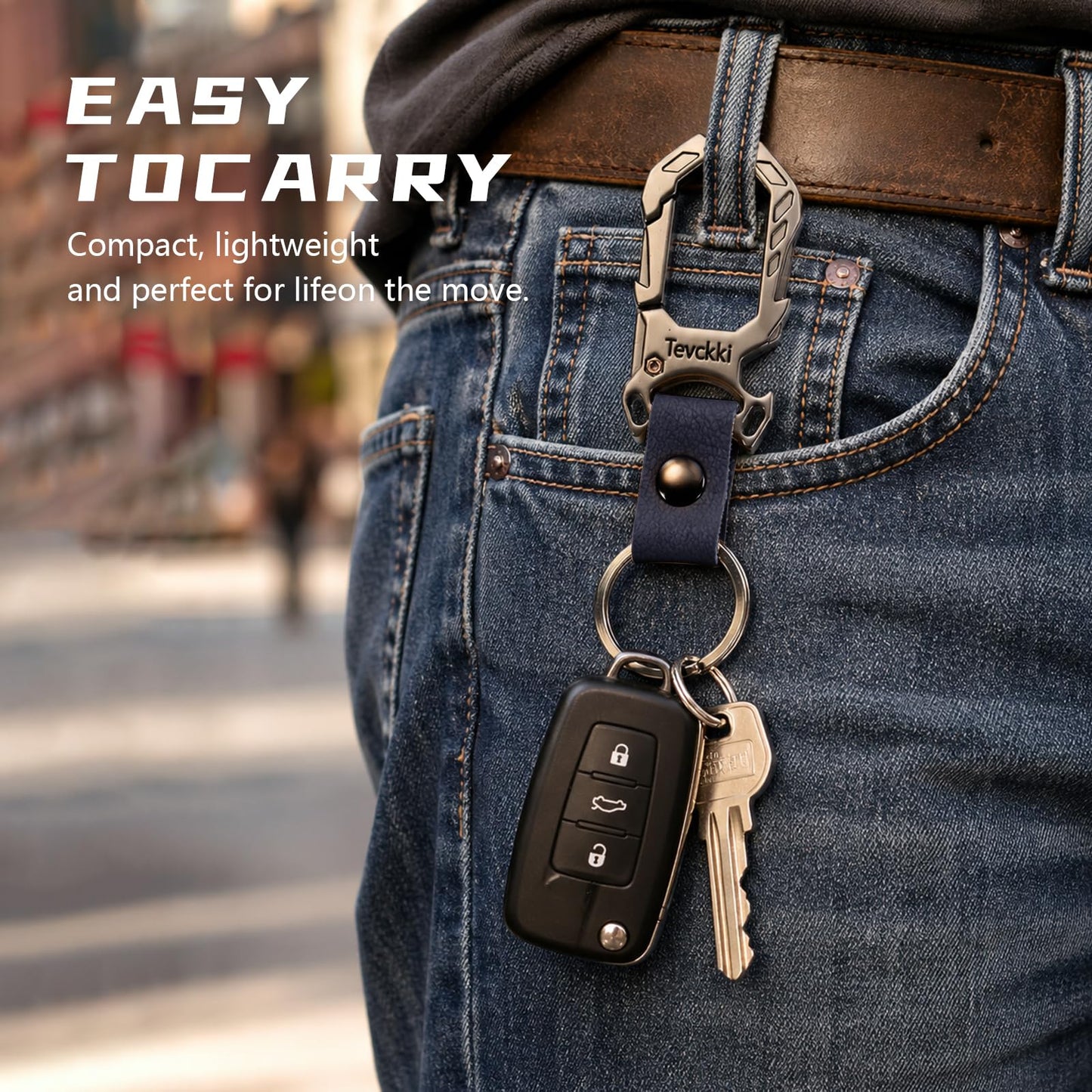 Tevckki Tactical leather keychains Carabiner Car Key Chains Bottle opener .Metal Clip Keychain with Anti-Lost 2 Key Rings Universal for men and women.(Black)