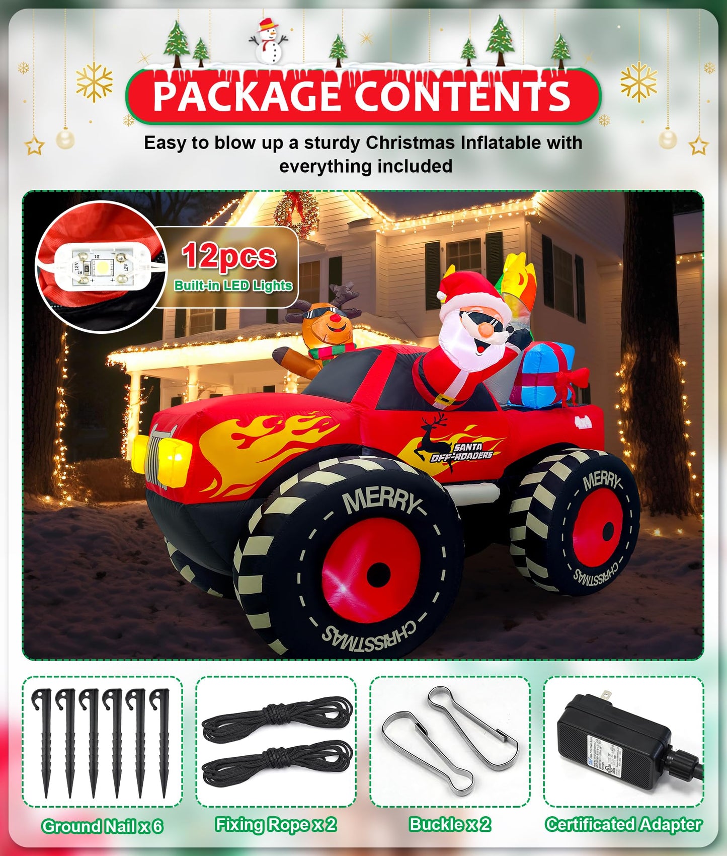EAONE 7FT Christmas Inflatable Outdoor Decoration, Inflatable Santa Claus & Reindeer on Monster Truck, Blow Up Yard Decorations LED Lighted for Yard, Garden, Lawn, Home Xmas Holiday Decor