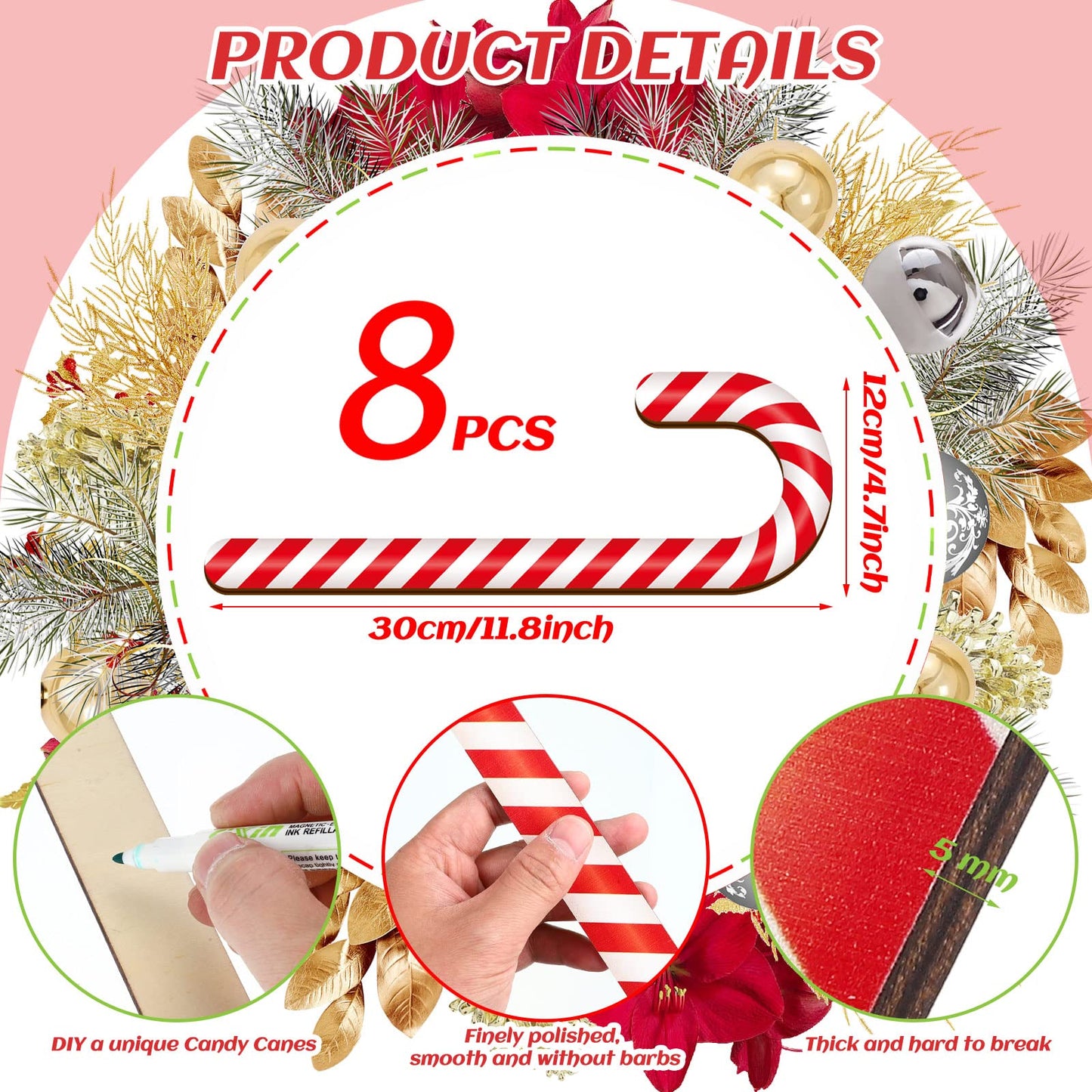 Large Size 8 Pcs 11.8 Inch Christmas Large Candy Canes for Tree Decorations Red and White Giant Candy Cane Props Bulk Xmas Hanging Ornaments Rustic Wood Flat for Party Supplies DIY Crafts Photoshoot