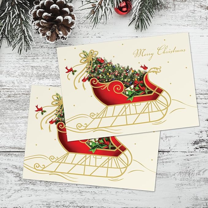 Canopy Street Masterpiece Holiday Sleigh Christmas Cards / 15 Traditional Holiday Cards With Coordinating White Envelopes Set / 5 5/8" x 7 7/8" Winter Greeting Cards With Inside Verse/Made In The USA