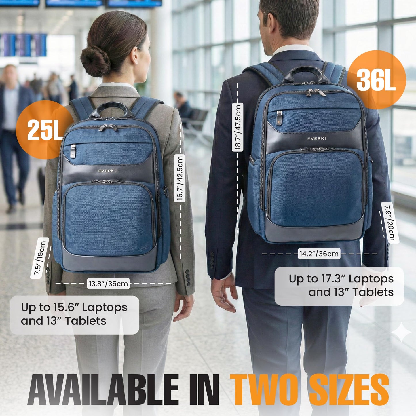 EVERKI Onyx 36L Business Laptop Backpack – Professional Travel Backpack for Men & Women, Laptop Bag with Premium Leather Ballistic & Nylon, Office & Flight Approved, Fits Laptops up to 17.3” - Navy