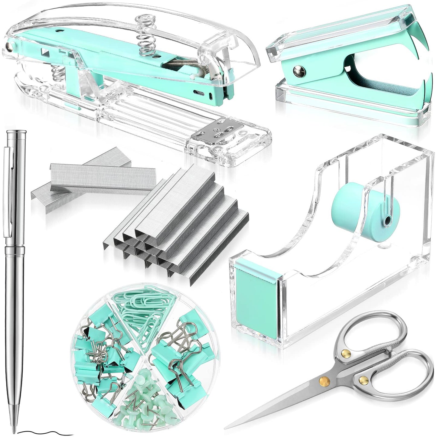 Office Supplies Set Desk Accessory Kit, Acrylic Stapler Set Staple Remover, Tape Dispenser, Binder Clips, Paper Clips, Ballpoint Pen and Scissor with 1000 Pieces 26/6 Staples (Green)