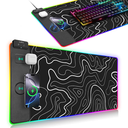 Wireless Charging Mouse Pad, RGB Gaming Mousepad, 31.5"x15.7" Extra Large Desk Pad, 13 Light Modes, Ultra-Smooth Surface, Non-Slip Base, Waterproof Computer Keyboard Mat for MacBook, PC, Laptop, Black