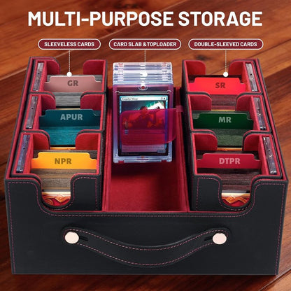 Commander Deck Box - 7-in-1 Trading Card Storage with Handle, 6 Toploaders & Colorful Dividers | Black & Red