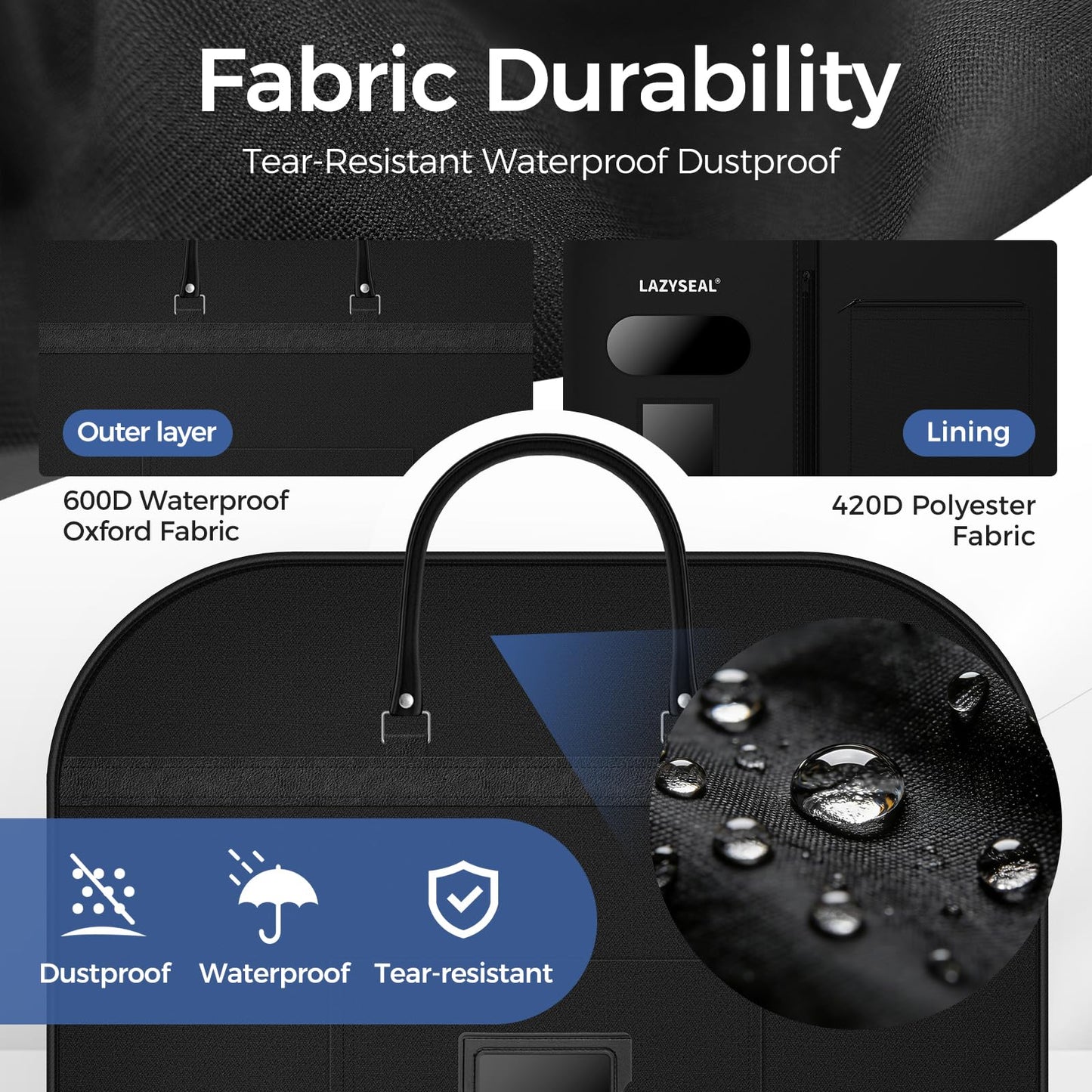 LAZYSEAL Garment Bag for Closet Storage and Travel 43-Inch Waterproof Dustproof Suit Luggage Bag Unisex Clothes Bag Durable 600D Oxford Fabric 2-in-1 Hanging Suit case Coat Bag for Man, Woman