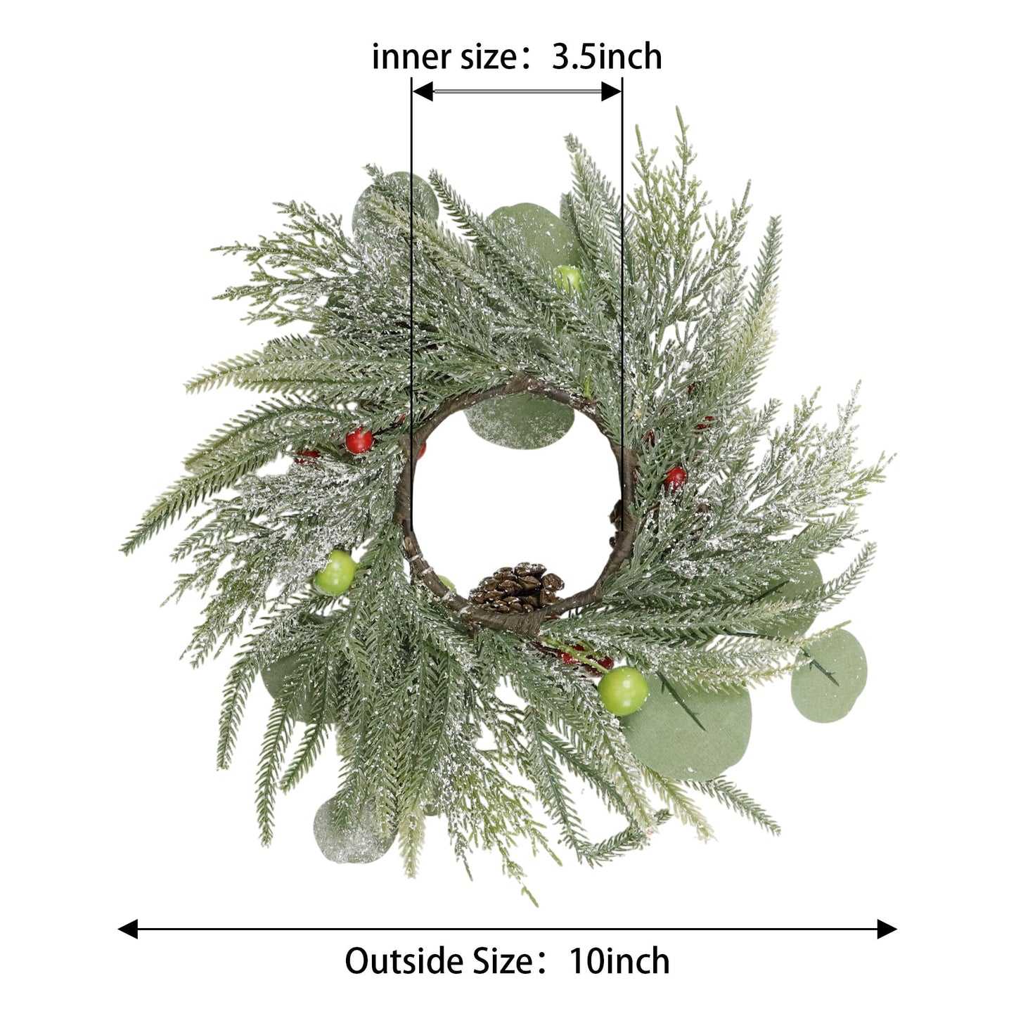 Christmas Candle Rings Wreaths,Snowy Norfolk Pine Garland Red Green Berry Eucalyptus Leaves Pinecones Wreaths,Pillar Candle Rings for Home Christmas Table Centerpiece Decorations