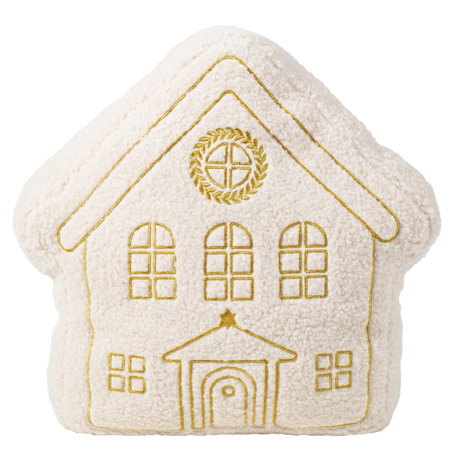 DN DECONATION House Shape Christmas Pillow, White Decorative Pillow 15In - Gold Embroidered Faux Fur Holiday Throw Pillow for Sofa Bedroom Home Christmas Decor