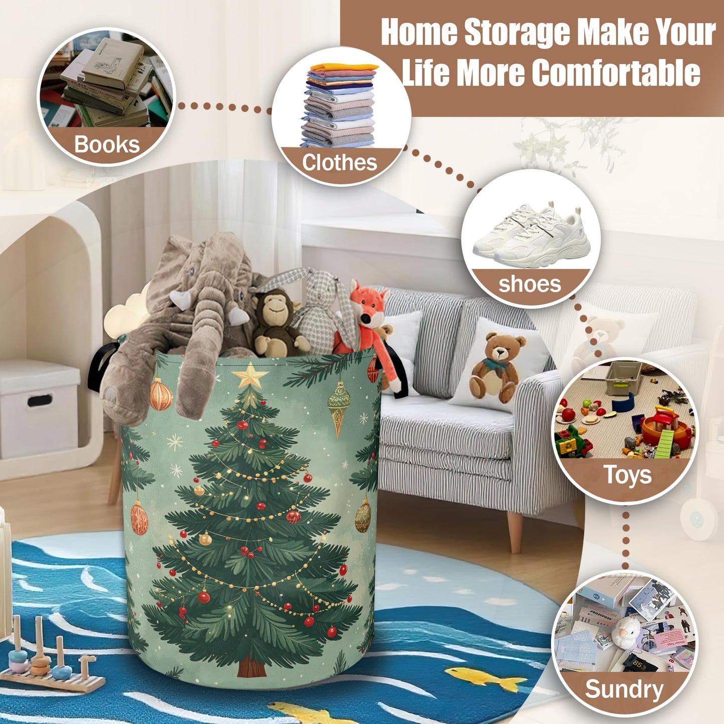 Christmas Tree Laundry Baskets,Laundry Hamper Storage Basket with Handles for Bathroom Bedroom College Dormitory Living Room Nursery Organizer 16"x20.8"