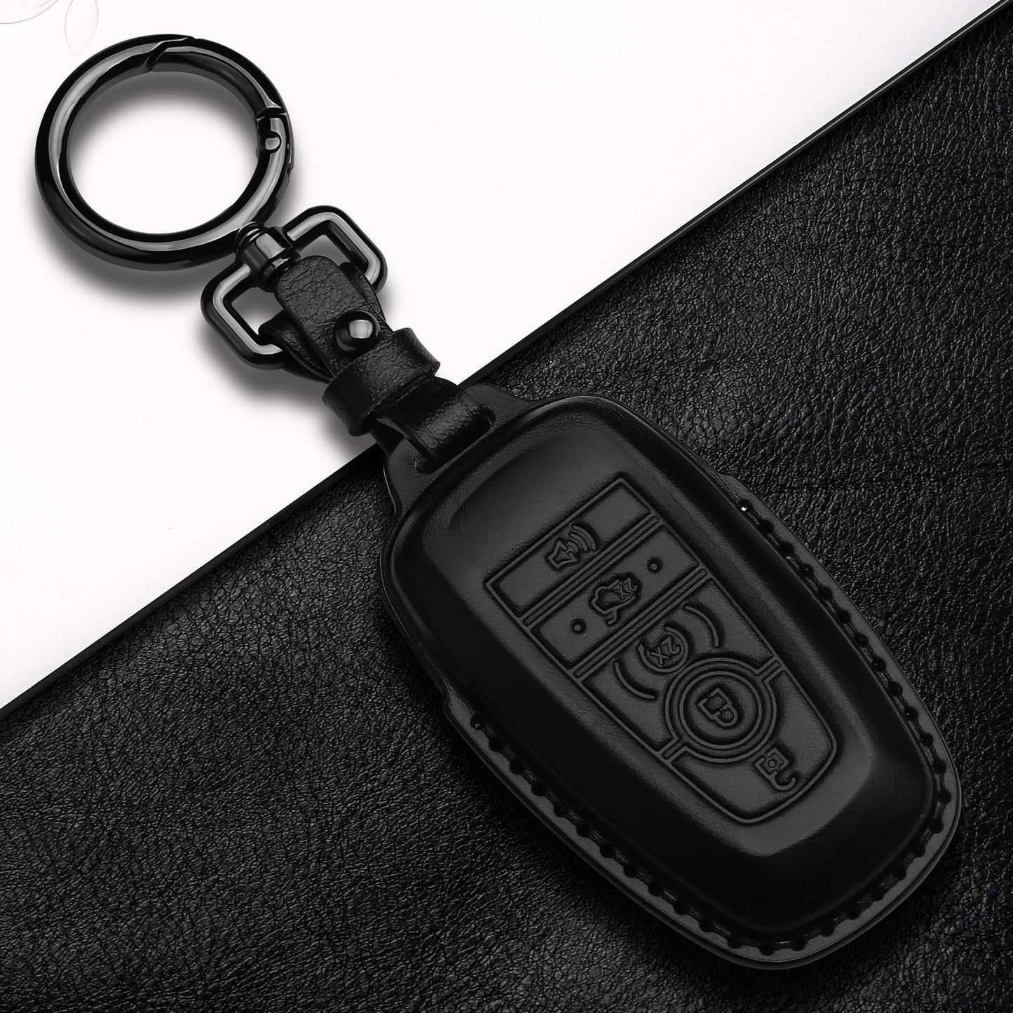 Tukellen for Ford Leather Key Fob Cover with Keychain Compatible with Ford Explorer Mustang Fusion Escape F150 F250 F350 F450 F550 Edge-Black