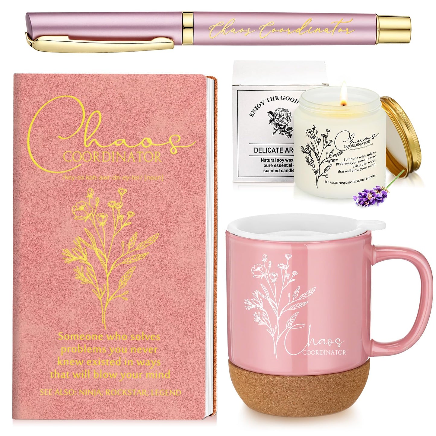 Sayglossy 4 Pcs Thank You Gift Set for Chaos Coordinator Women Administrative Professional Day Appreciation Notebook Coffee Mug Cup Scented Candle Ballpoint Pen for Coworker Teacher Nurse Staff, Pink