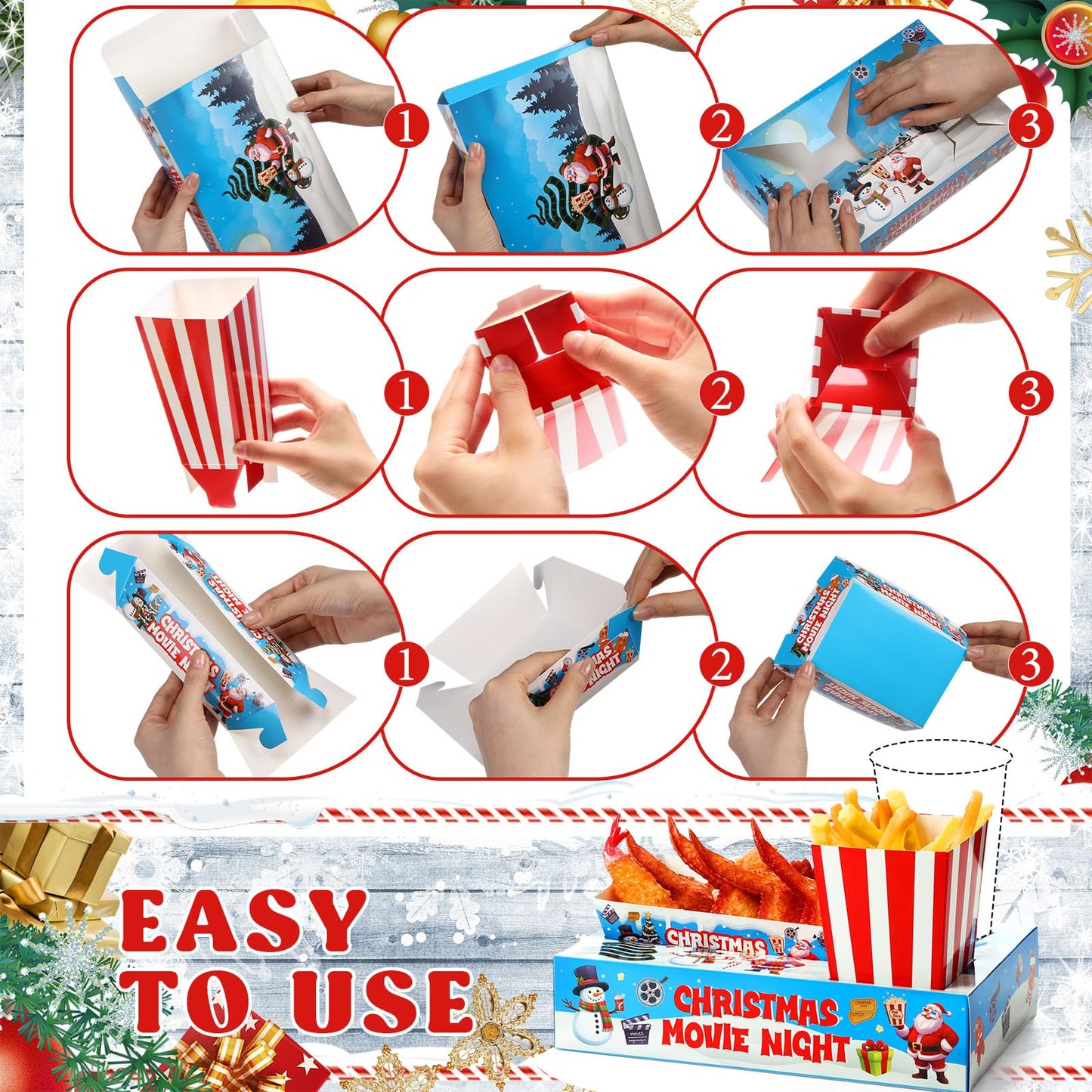 AmazingSpark 36 Sets Movie Night Snack Trays Popcorn Boxes Cardboard Popcorn Buckets Containers Food Trays for Theater Party Decorations (Christmas Movie Night)