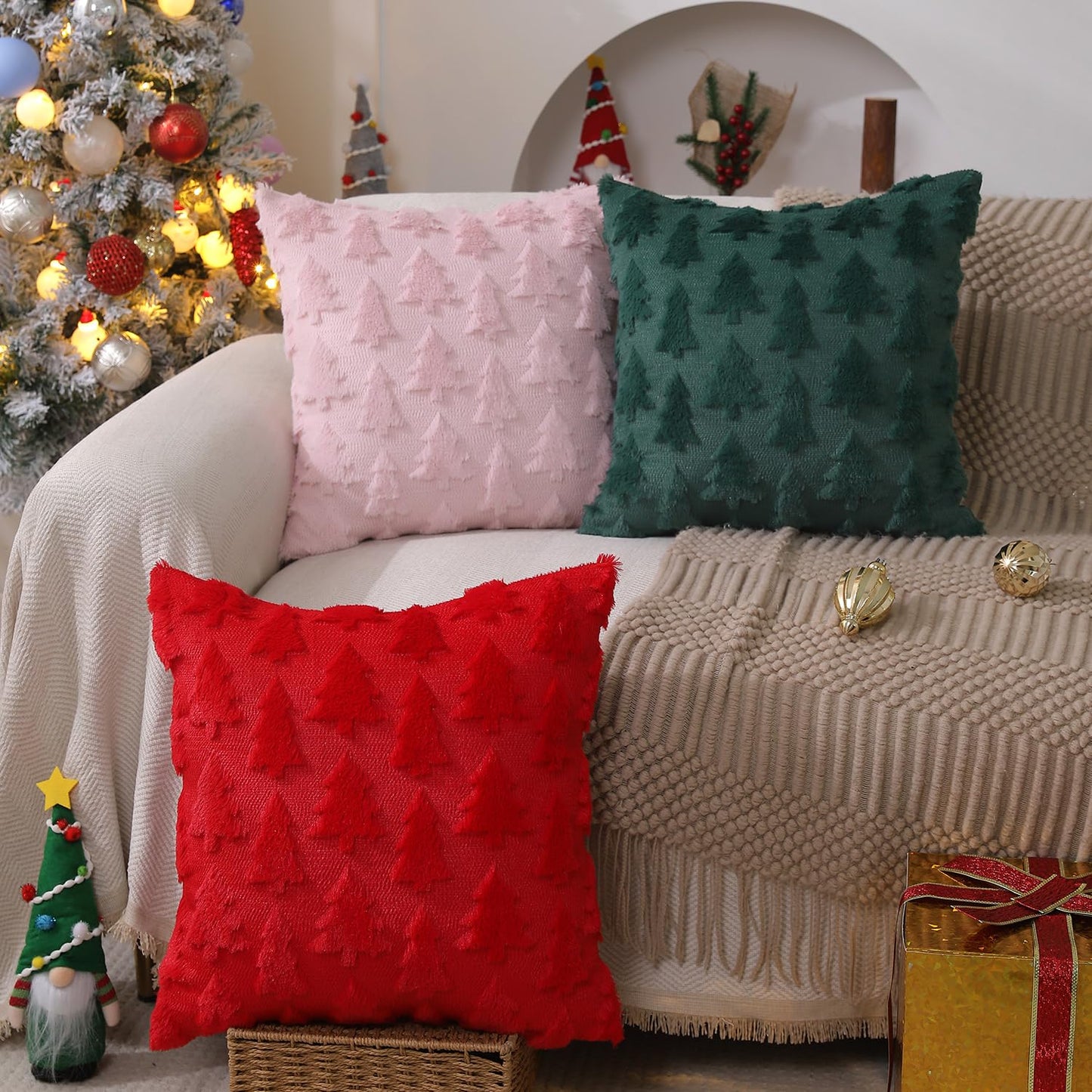 DFXSZ Christmas Tree Pillow Covers 18x18 inch Set of 2 Christmas Decoration Green Soft Plush Faux Fur Jacquard Throw Pillows for Bedroom Sofa Holiday Festivals Winter Home Decor PTK006A18