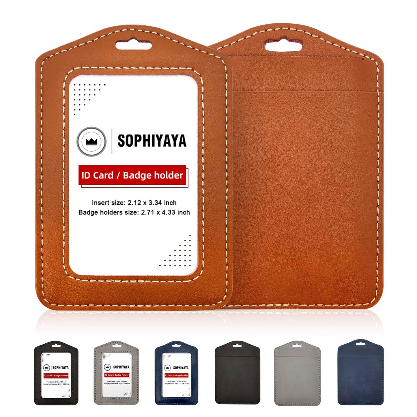 2 Pack Genuine Leather Badge Holder, Key Card Holder, Vertical ID Badge Holder for Student, Teacher, Office, Work and Factory (Brown)
