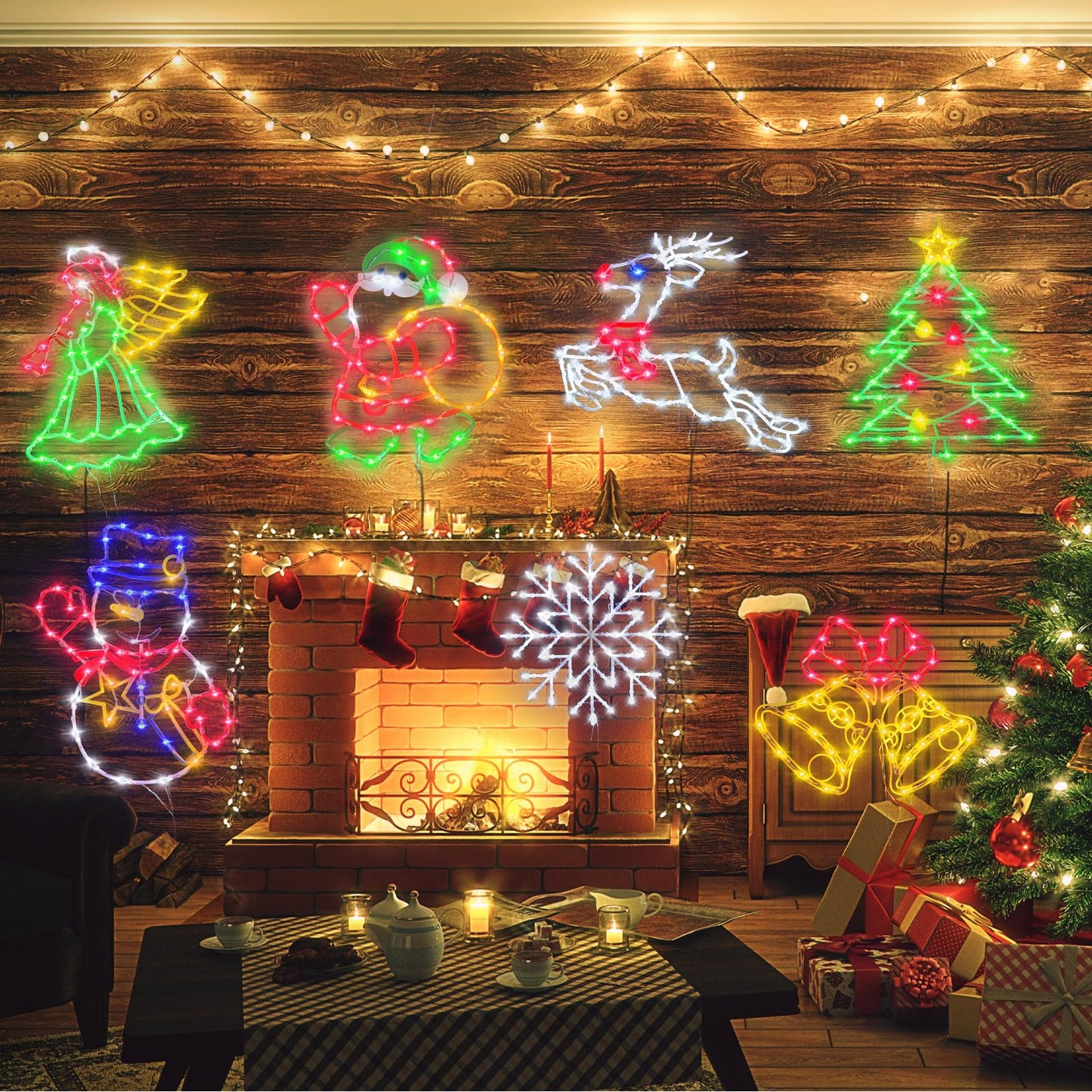 TRWYMZ Christmas Decorations - 16" Christmas Window Silhouette Lights - 4 Pack Colour Lighted Bell & Reindeer & Snowman & Angel for Holiday Indoor and Outdoor Wall Door Window Decorate