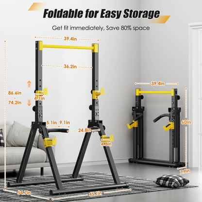soges Foldable Power Tower, Pull Up Dip Station for Home Gym, 500 LBS Capacity Power Tower with Triangular Design, Adjustable Height Pull Up Bar for Full Body Workout (Yellow)