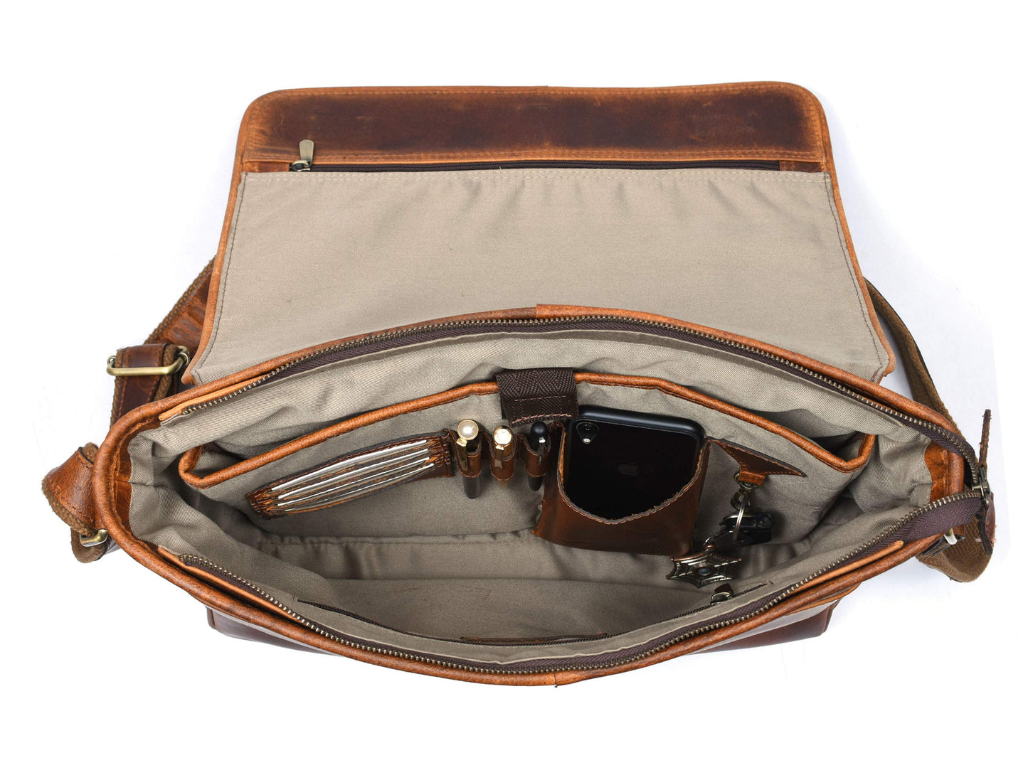 16" Crossbody Bag Leather Laptop Messenger Bag For Men with trolley sleeve for school office (Caramel)