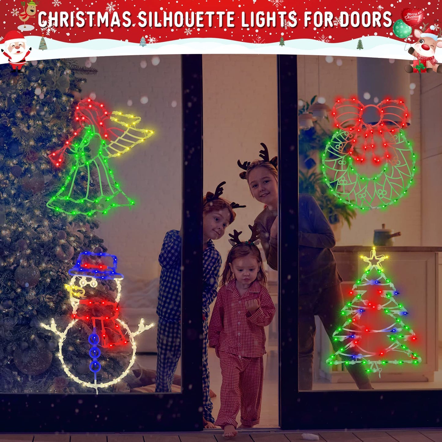 Christmas Window Silhouette Lights Decorations Pack of 4 Lighted Snowman, Trumpeting Angel, Wreath, Christmas Tree Christmas Window Lights with 50 Bulbs for Holiday Indoor Wall Door Glass Decorations