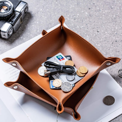 SANQIANWAN Leather Jewelry Valet Tray for Women and Man, Portable Entryway Table Tray Bedside Nightstand Desk Tray Small Catchall Travel Dish Plate for Key,Wallet,Watch,Coin (2PCs Brown-B)