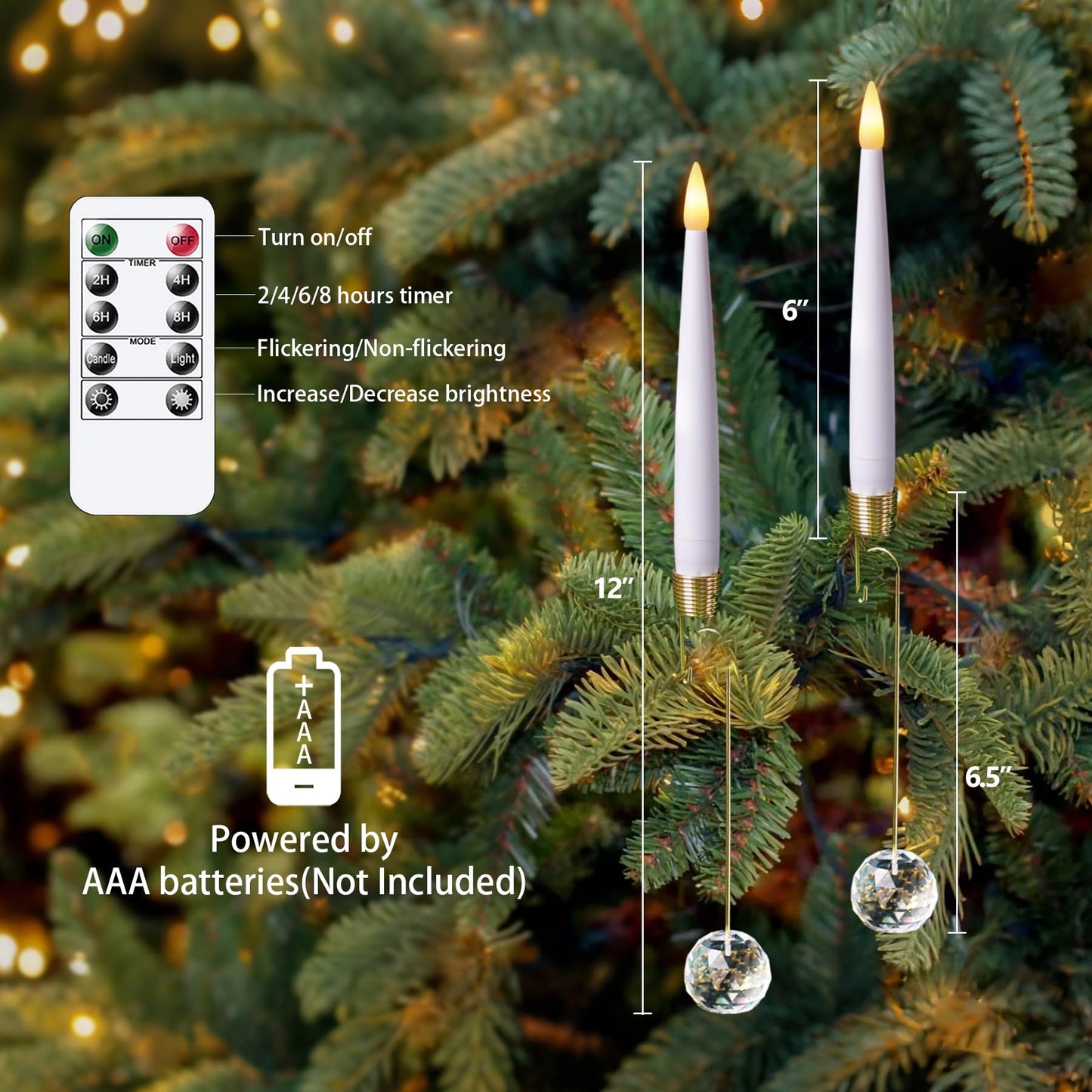 Mavandes LED Taper Candles with Clear Crystal Ball Hooks, Remote Timer White 12pcs Plastic Flameless Candlesticks Flickering Battery Operated Warm Light for Home Party Decor Indoor (0.5" x 6")