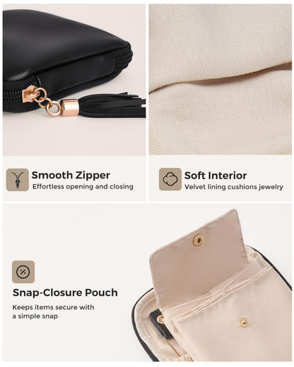 Lolalet Travel Jewelry Case Organizer, Small Jewellery Pouch with Compartments for Storage, Soft Velvet Bag for Traveling Women, Full-Zip Packing for Necklaces, Earrings, Bracelets -Black