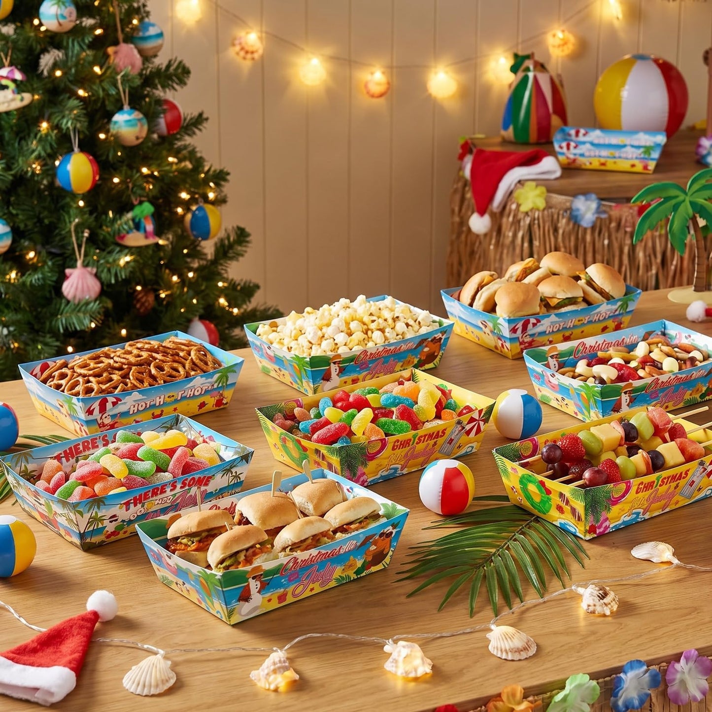 Falueqg Summer Christmas Party Decorations - 24 Pcs July Christmas Paper Food Trays Disposable Beach Santa Food Boats Serving Tray for Holiday Xmas Tropical Luau Decorations