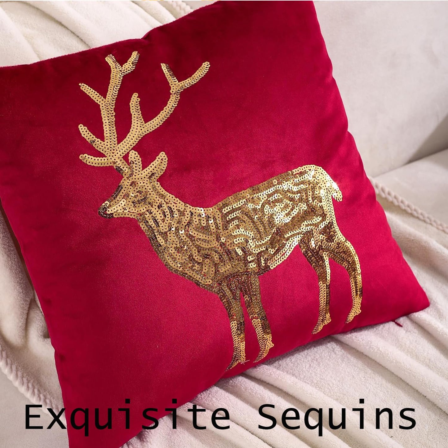 Tosleo Christmas Pillowcases 18 x 18 inch Set of 2 Red Deer Sequins Throw Pillow Cover Xmas Pillow Case Party Decor Winter Holiday Cushion Cases