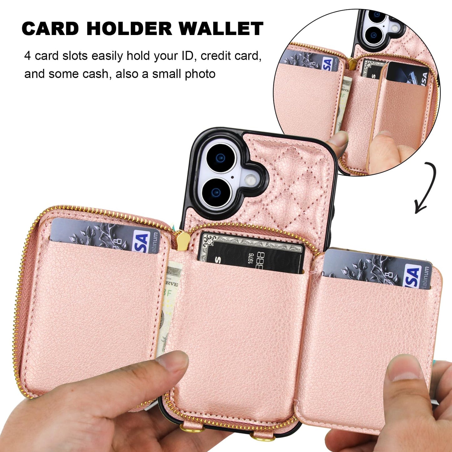 Bocasal Crossbody Wallet Case for iPhone 17, RFID Blocking PU Leather Zipper Handbag Purse Flip Cover, Kickstand Folio Case with Card Slots Holder Wrist Strap Lanyard 5G 6.3 Inch (Rose Gold)