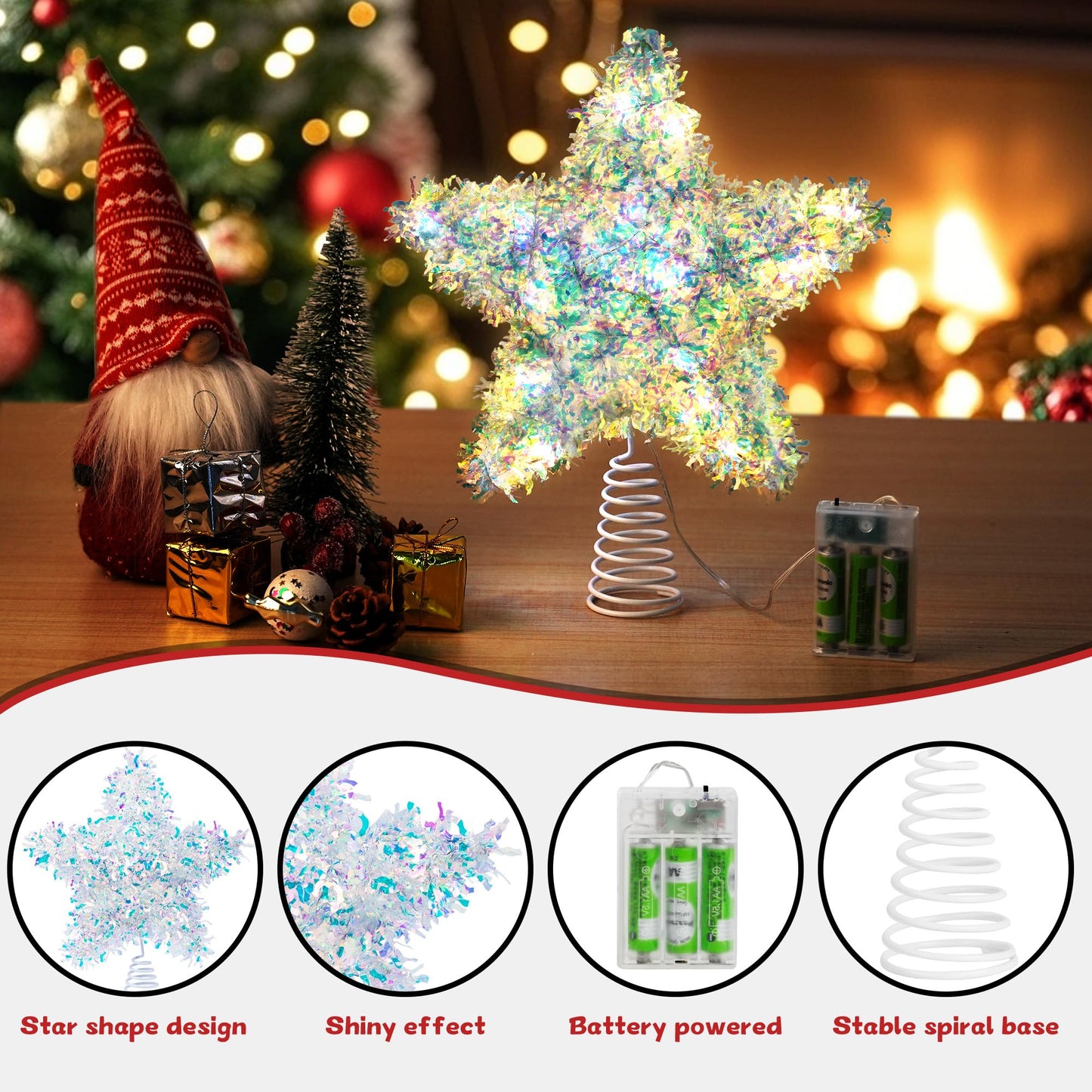 Joytry Christmas Tree Topper Star Iridescent Tinsel Star Tree Topper 10 Inch Lighted Tree Topper Battery Operated Christmas Tree Decoration for Holiday Indoor Decoration Warm White Light