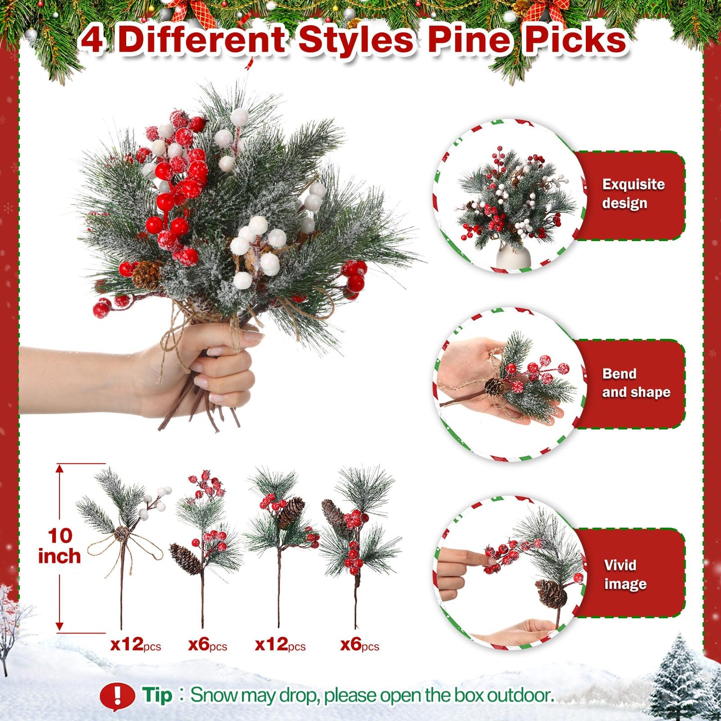 Blosssound 36 PCS Christmas Artificial Pine Branches with Snow Spray Red Berry Stems Pine Needles Faux Pine Picks Snow Floral Pine Cones for DIY Crafts Christmas Tree Garland Wreath Holiday Decor