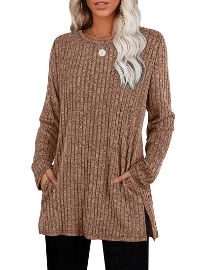 SAMPEEL Womens Sweaters Crewneck Long Sleeve Shirts with Pockets Fall Outfits 2025 Fashion Winter Clothing Side Slit