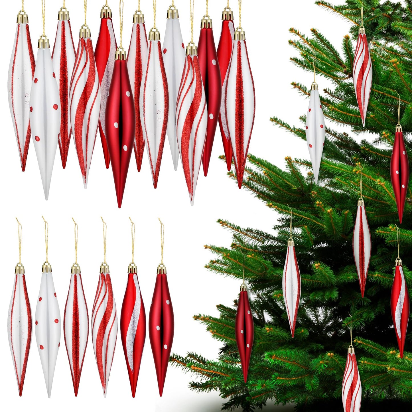Glimin 30 Pcs Christmas Finish Finial Drop Ornament 6" Peppermint Candy Ornament White Red Christmas Spiral Ball Peppermint Candy Cane Hanging Tree Decoration