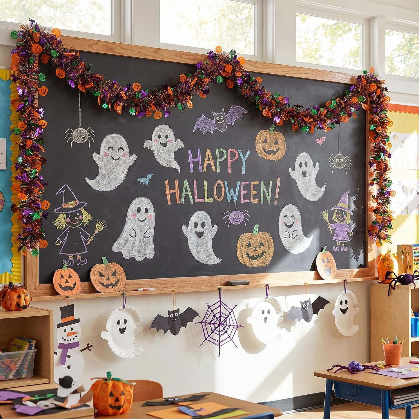 50 Ft Halloween Tinsel Garlands,Funny Pumpkin Bats Spider and Web Shiny Metallic Twist Foil Tinsel Garland Hanging Holiday Decorations for Home Indoor Outdoor Festivities Party Decor