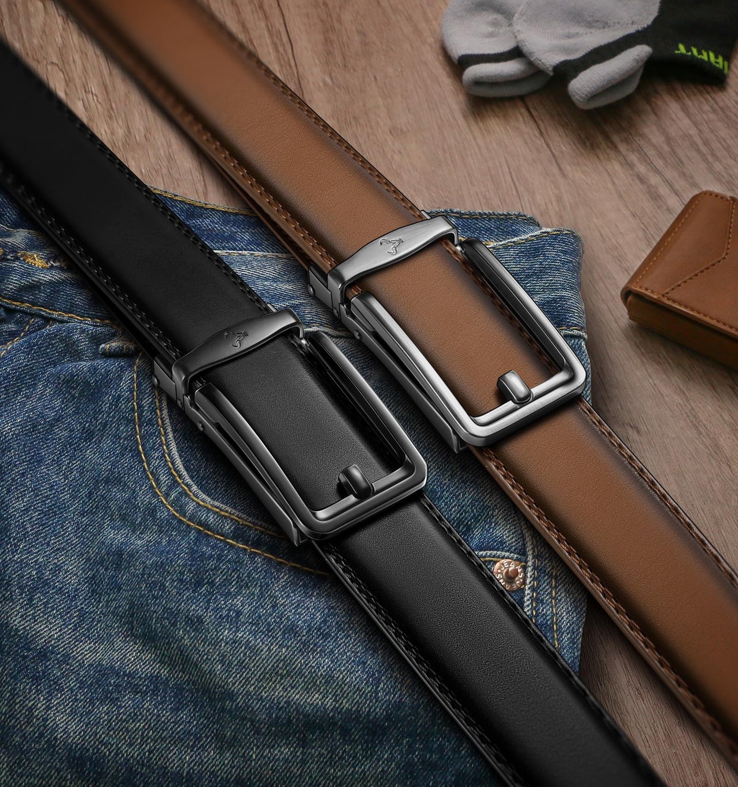BULLIANT Men Ratchet Belt 2 Pack, Click Sliding Leather Belt Adjustable for Gift Men Dress Casual Jeans 1 3/8,Cut for Fit(Black/Tawny,32"-38" Waist Adjustable)