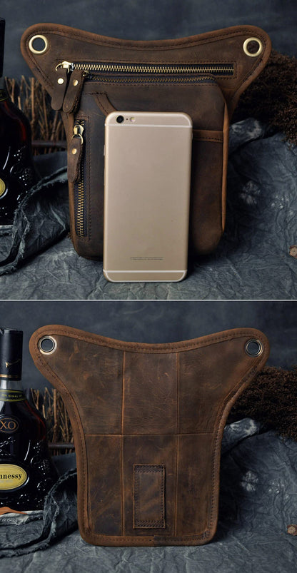 Le'aokuu Mens Genuine Leather Outdoor Sporting Hicking Waist Hip Pack Messenger Shoulder Drop Leg Thigh Bag Pouches For Women (211-5 0 Dark Brown)