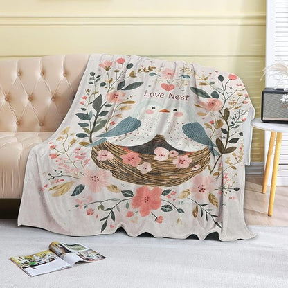 Bird Love Nest Fleece Blanket - 50x60in Cute Two Birds Flower Romantic Throw Blankets,Soft Cozy Lightweight, Ideal for Bed Living Room Home Whimsical Decor and Girls Women Gifts