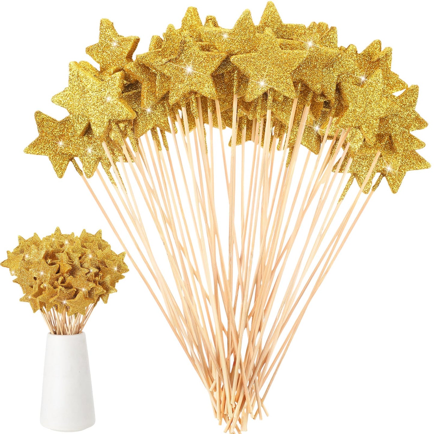 Suzile 60 Pcs Golden Star Floral Pick 8'' Star Centerpiece Table Decor Gold Graduation Glitter Craft Stick Sparkly Foam Stem for Floral Arrangement Wreath Wedding Bridal Baby Shower Birthday