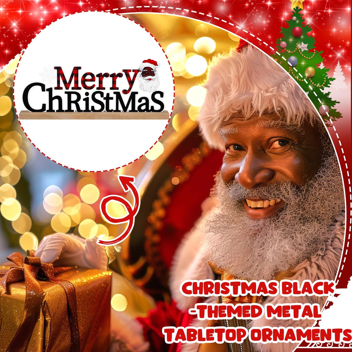 Realspring Merry Christmas Metal Sign African American Table Decor Christmas Black Santa and Red Black Buffalo Plaid Decor with Wooden Base for Tiered Tray Home Tabletop Centerpiece Mantel Fireplace