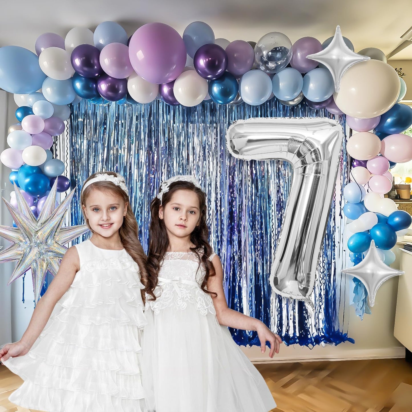 Snow 7th Birthday Decorations Girl, Snowflake Balloon Garland Arch Kit, Laser Explosion Star Balloons, Silver Number 7 Balloon Tower for Baby Shower Girls 7th Snow Theme Party Supplies